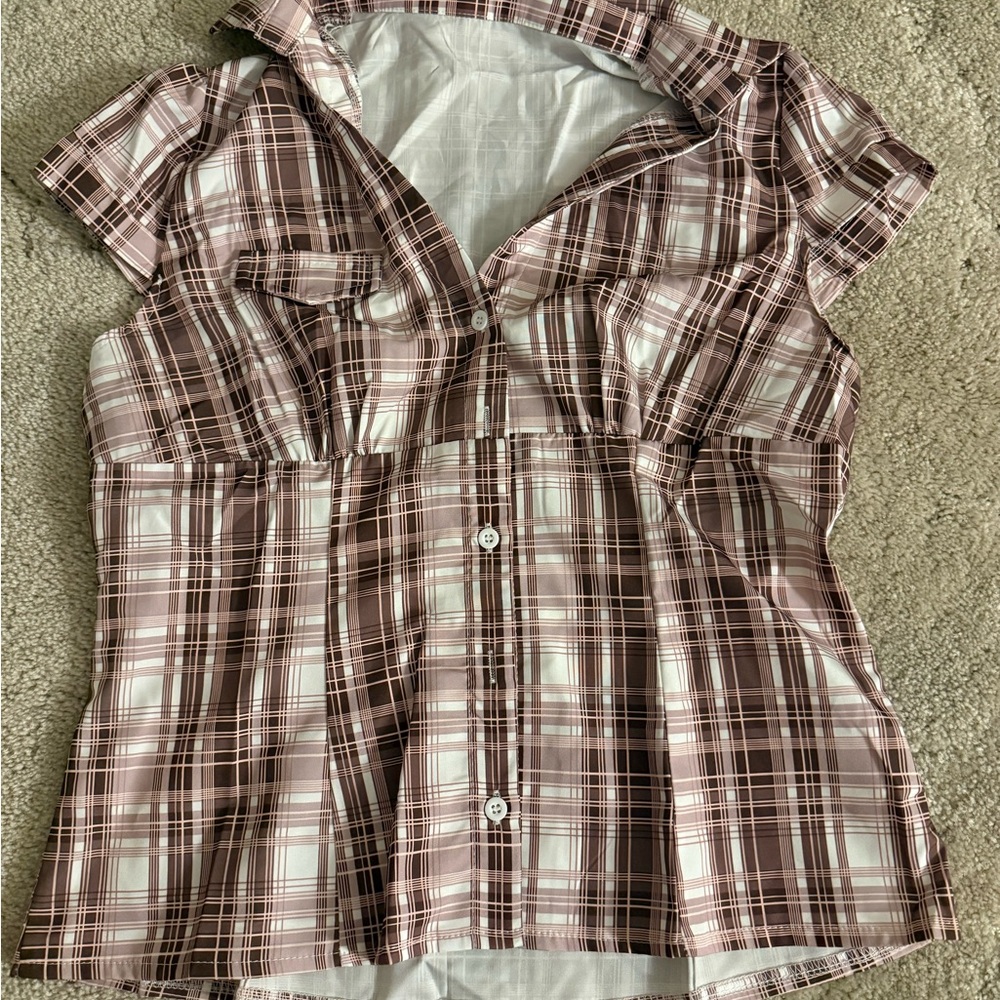 SHEIN Pink and White Plaid Button Down Shirt